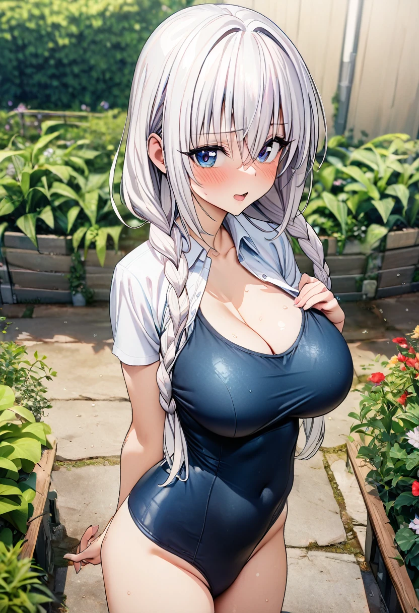 ((masterpiece,Best Quality,8k,Ultra-high resolution)),  1 person　、Adult women in their 20s　,  Momo Juvenile Deviluke,                                     Browse your audience　、　Embarrassing　,     Glare     、      White Hair　　、　Braids　, Long Hair　　 、　blue eyes   　、                                                The body is slim,   Big Breasts　　、　Buttoned shirt　　、　Black competitive swimsuit　、　garden