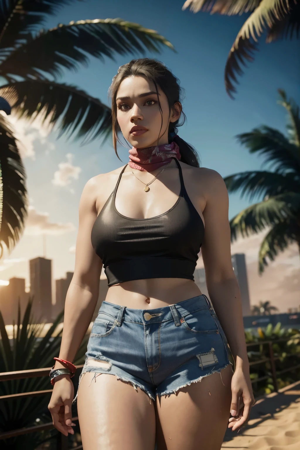 octane render,gtluc ,a woman, pele morena, neon lights,night,dark,(black tank shirt:1), ponytail, red bandana, denim shorts, (looking at viewer),miami,trees,palms,beach,8k uhd, dslr, high quality,  (ultra realistic,32k, masterpiece:1.1),(detailed skin),