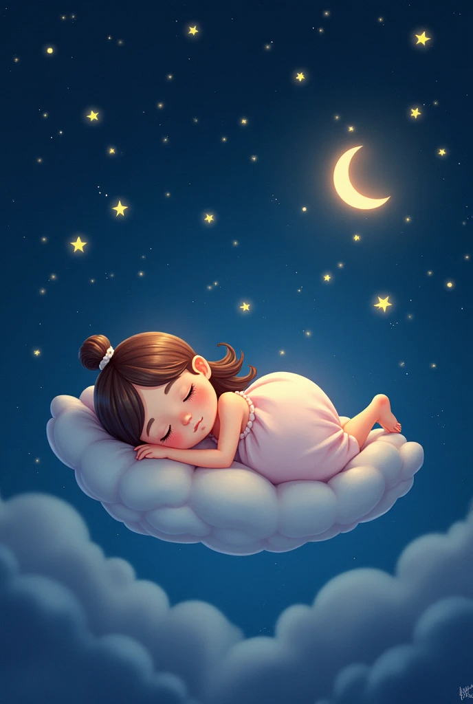 a child listens to a lullaby and sits tenderly on a crescent moon in a fairytale space, and there are many stars around, cartoon child sleeps with eyes closed