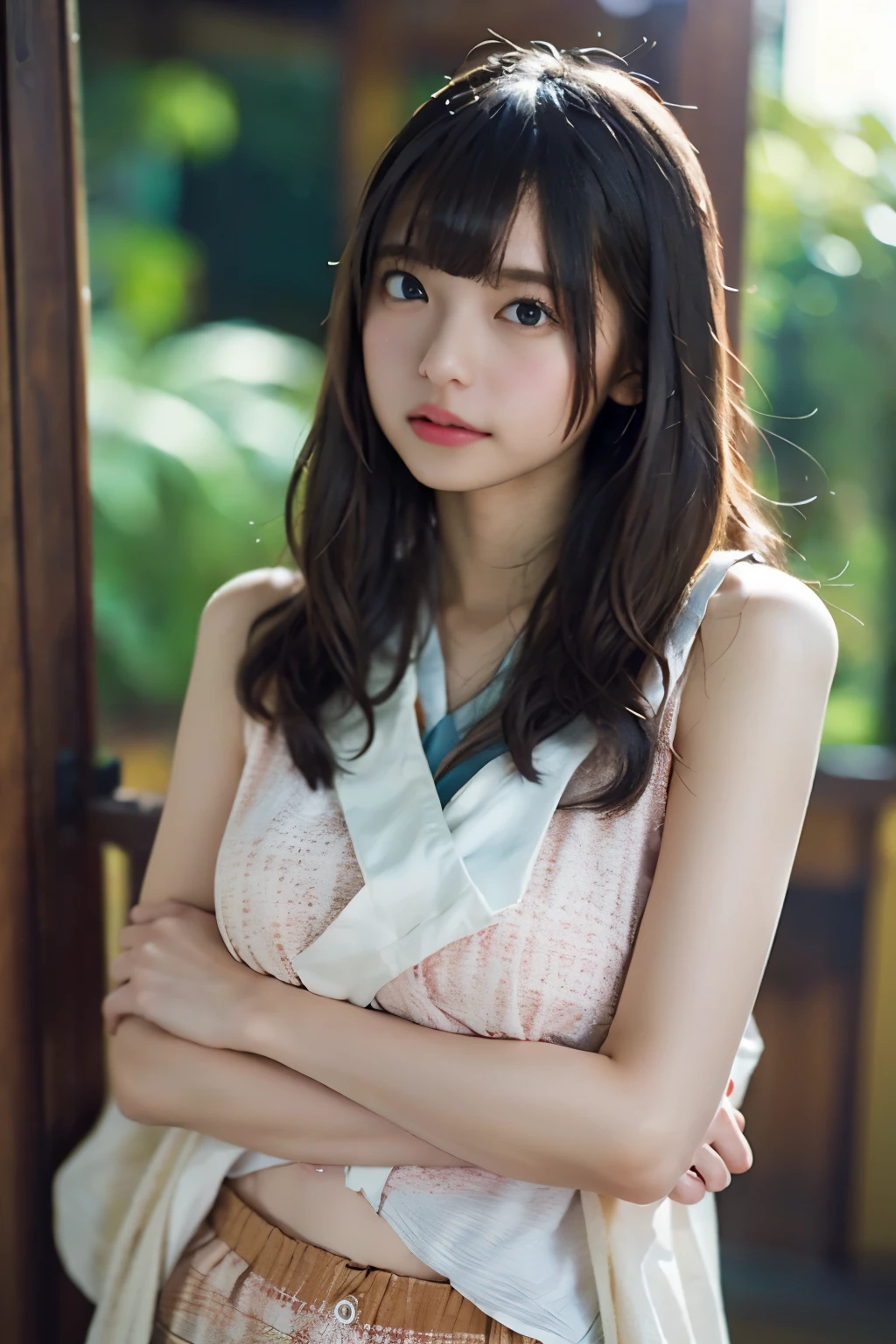 、pubic hair、(bra)、(small breasts),whole body、smile、(highest quality,8k,overwhelmingly beautiful:1.2)、(cute japanese girl:1.8、perfect gravure idol),