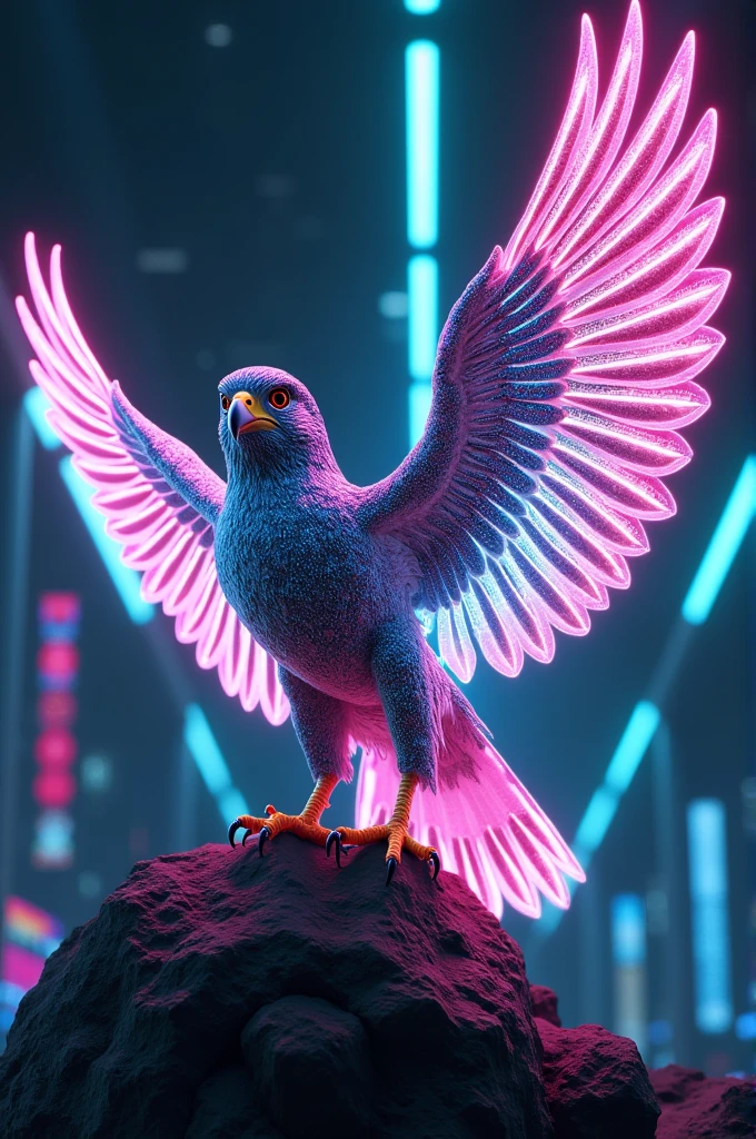 a strong falcon wearing juliet sunglasses,falcon pointing finger at camera,image with purple lighting,highly detailed,8k,photorealistic,hyperrealistic,sharp focus,dramatic lighting,studio lighting,intricate details,beautiful colors,vibrant colors,vivid colors,cinematic,dramatic,moody