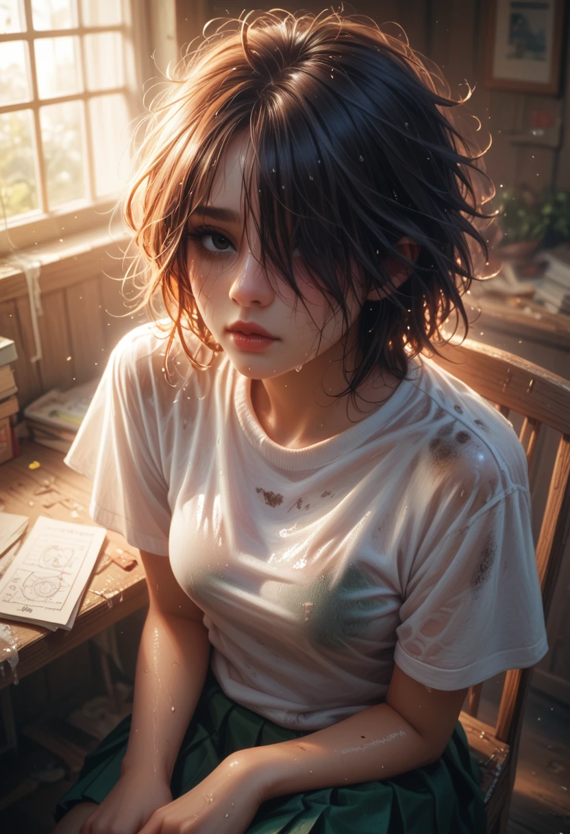 Arti future anime. Birds eye view, dirty woman sitting on chair in dilapidated house, wet messy hair over eyes, detailed bodycon shirt and pleated skirt. vixip, close-up landscape, hurt. Hand drawing, cinematic lighting, highly detailed. White, brown, red. Perfect composition, masterpiece, best quality, 4k, sharp focus. perfect anatomy.