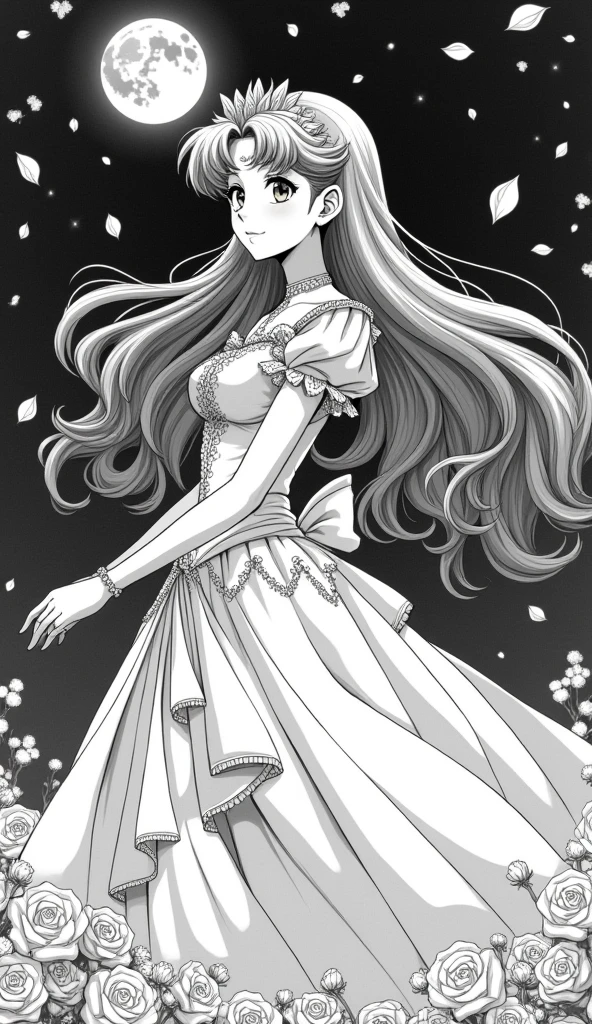 Black and white stick figure 1 girl with flowers, lots of flowers in background, in dress with flowers, its fine ink line art, comic style, portrait of Nezuko Komado, black hair, pink eyes, Hollywood glam, beautiful line art, black and white comic style, manga style, manga art style, standing, contrapposto, thigh highs, illustrative drawing, black and white coloring, ornate border, cleavage, arms behind back,