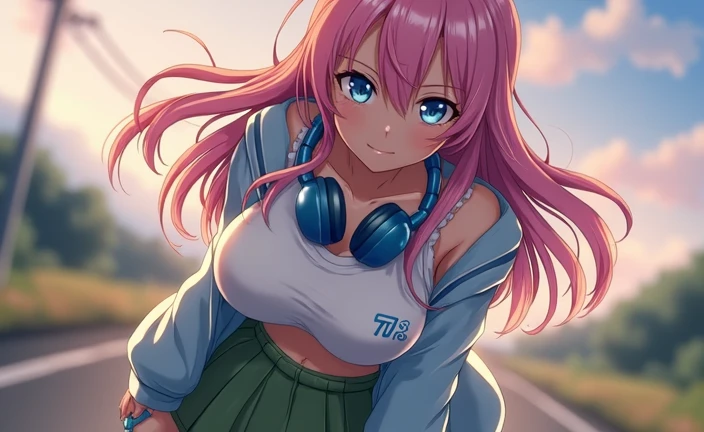 (masterpiece),(intricate details),1girl,mature female,medium breasts:1.39,tired face,brown eyes BREAK lukamegurine, luka megurine, blue eyes, big headphones, long hair,ni clothes pink hair, (medium breast:1.2), BREAK arm warmers, armband, (TOTALLY NAKED GIRL) no shirt, no clothes, bare shoulders, black panties (suggested by the context of no wearing clothes, potentially visible in this setting), midriff, navel, totally exposed breasts, shoulder tattoo, ((reclining on a serene countryside path winds through fields of blooming wildflowers, In front of a tree, inviting peaceful walks amidst a natural tapestry of vibrant colors and gentle fragrances.)),((upper body,portrait)),from above:1.4 BREAK day,sun,rainbow,((cumulonimbus)), depth of field,looking at viewer