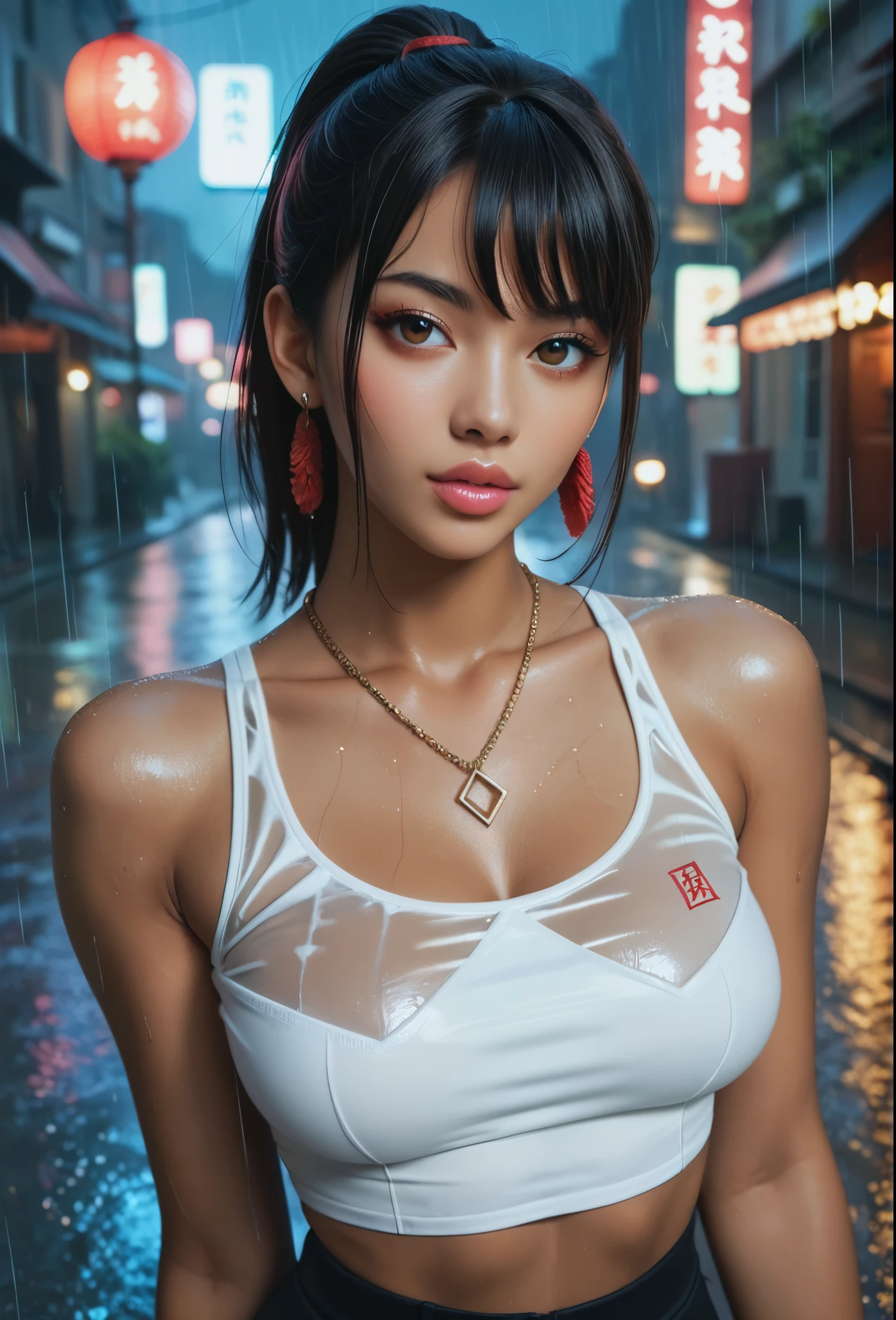 score_9, score_8_up, score_7_up, Focus on a Chinese girl. wearing a white crop top. Short hair with bangs and ponytail. Necklace. Earrings. Pink lips.  Sexy gaze. On a rainy night in the street. 