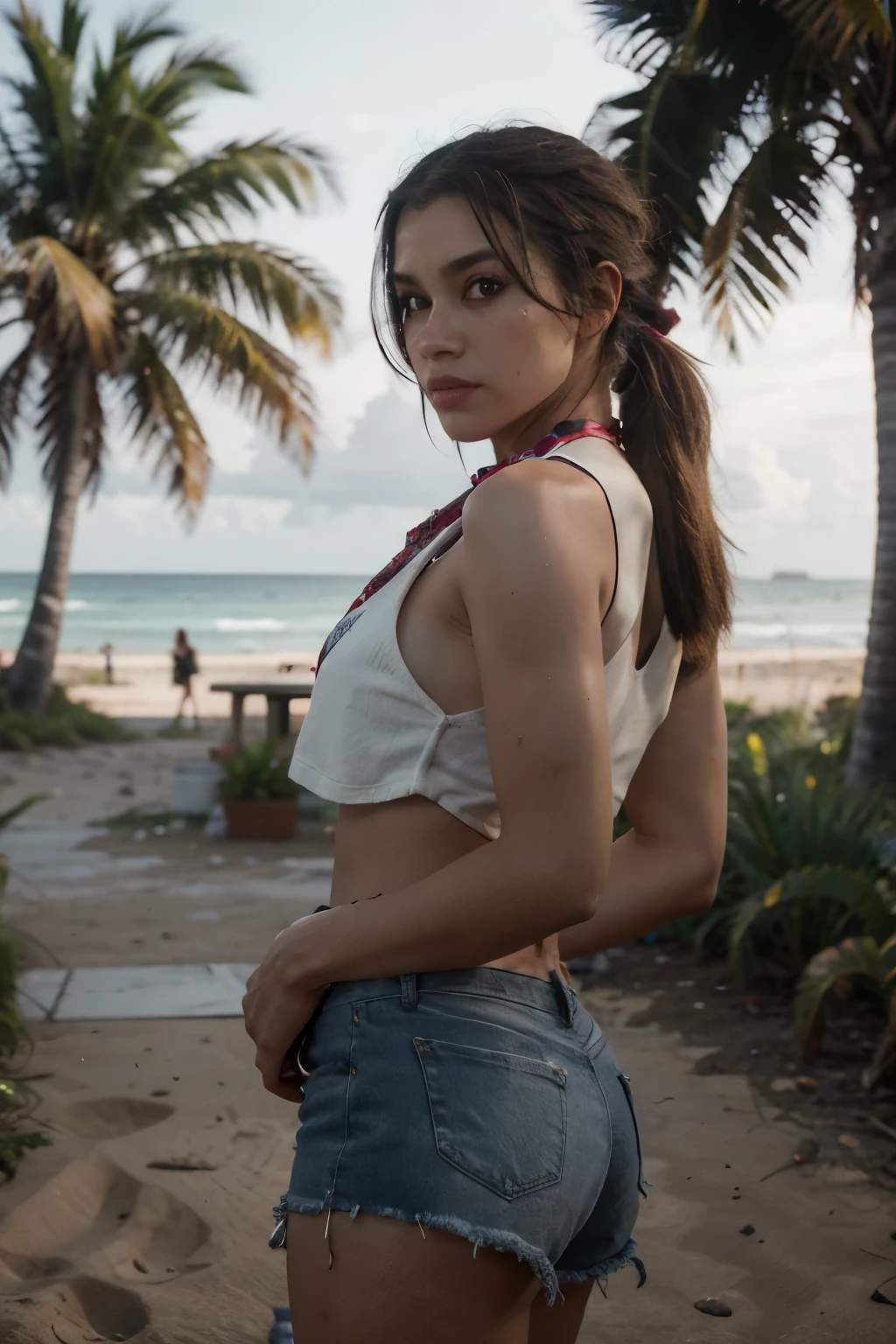 octane render,gtluc ,a woman, pele morena, neon lights,night,dark,(black tank shirt:1), ponytail, red bandana, denim shorts, (looking at viewer),miami,trees,palms,beach,8k uhd, dslr, high quality,  (ultra realistic,32k, masterpiece:1.1),(detailed skin),