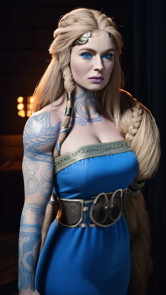 Best_QualityPos, RAW photo, intricate details, best quality, 8k uhd, soft lighting, 1girl, solo, gow_sif, blue eyes, braid, long hair, blonde hair, tattoo, shoulder tattoo, jewelry, toned, blue dress, brown waist belt 