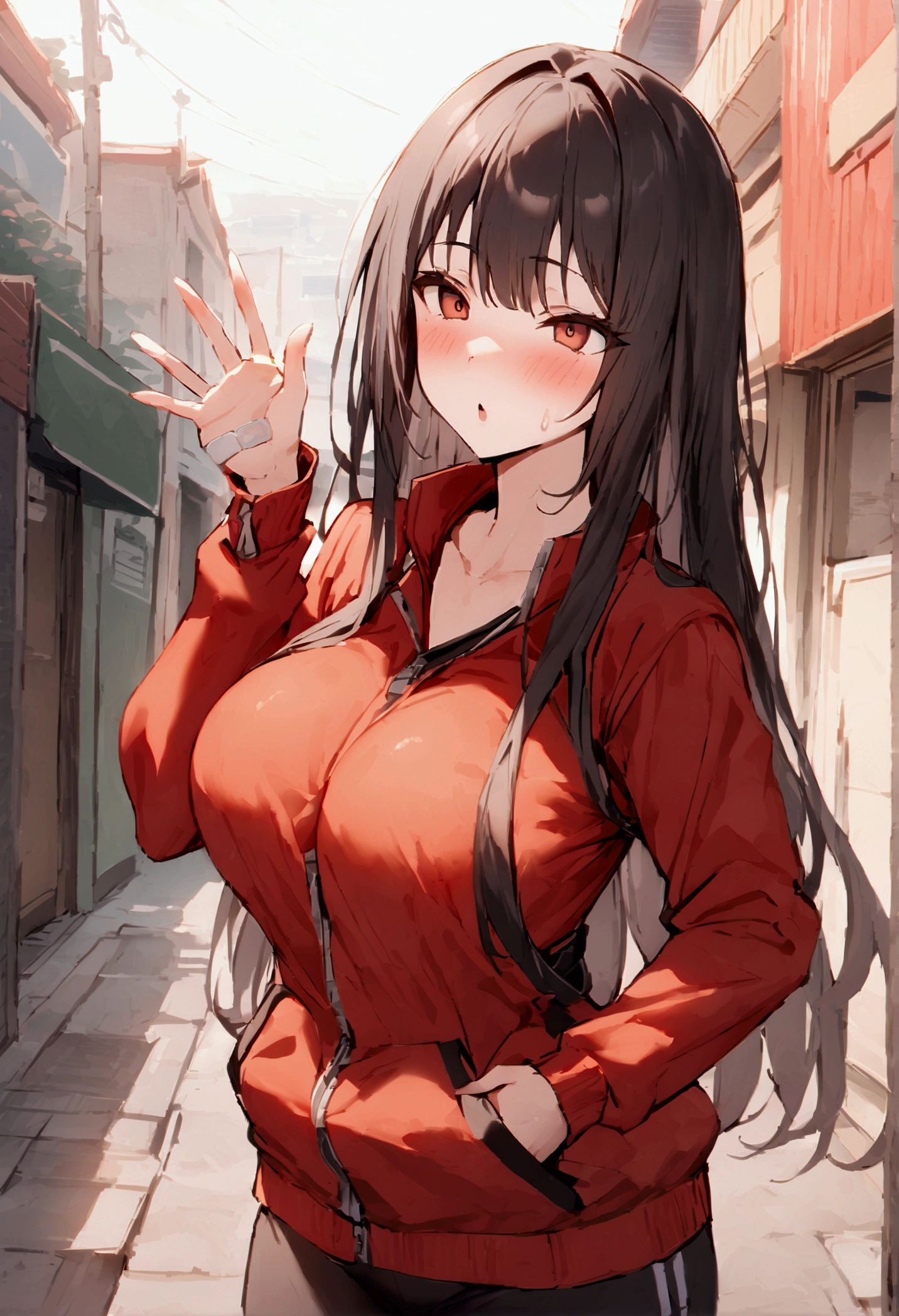 score_9、score_8_superior、score_7_superior、score_6_superior、sauce_anime、evaluation_Explicit、1girl、(solo:1.2)、only_girl、Huge_chest、Long Hair、Black Hair、put a bandaid on one&#39;s face、Brown eyes、Red eyes、Red Truck Jacket、Black Track Pants、blush、Expressionless、Open your mouth、Outdoor、(Brown Skin:0.9)、Put your hands in your pockets、Cowboy Shot、最high quality、high quality、masterpiece、Hyper Detail、Detailed face、clavicle、bangs