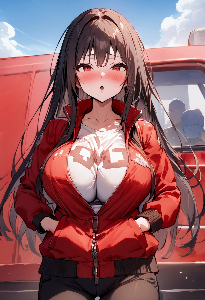 score_9、score_8_superior、score_7_superior、score_6_superior、sauce_anime、evaluation_Explicit、1girl、(solo:1.2)、only_girl、Huge_chest、Long Hair、Black Hair、put a bandaid on one&#39;s face、Brown eyes、Red eyes、Red Truck Jacket、Black Track Pants、blush、Expressionless、Open your mouth、Outdoor、(Brown Skin:0.9)、Put your hands in your pockets、Cowboy Shot、最high quality、high quality、masterpiece、Hyper Detail、Detailed face、clavicle、bangs