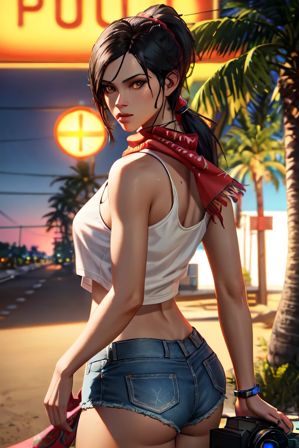 octane render,gtluc ,a woman, pele morena, neon lights,night,dark,(black tank shirt:1), ponytail, red bandana, denim shorts, (looking at viewer),miami,trees,palms,beach,8k uhd, dslr, high quality, (ultra realistic,32k, masterpiece:1.1),(detailed skin),