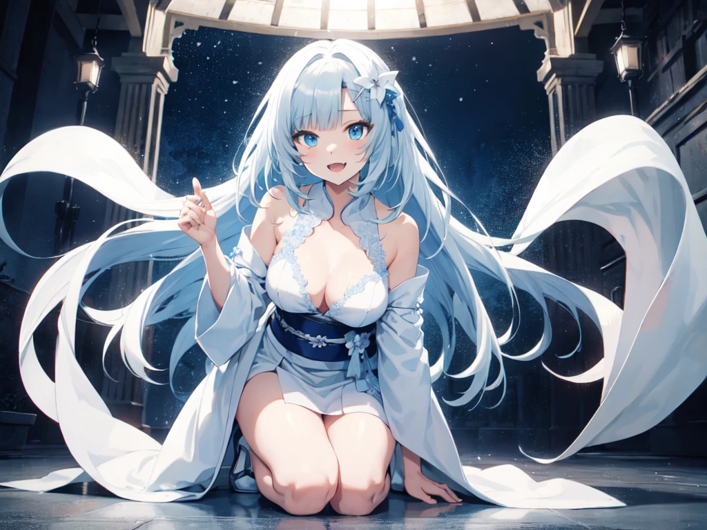 solo、alone、Snow Woman、(White kimono、Hair accessories)、Baring fangs、Kneeling and bending forward、Starry Sky、Night Sky、Strong winds、Center of chest、Light blue hair、Long Hair、Light blue eyes、Cut-in、UHD、masterpiece、correct、Super detailed、high detail、Awards、Best Quality、High resolution、8k