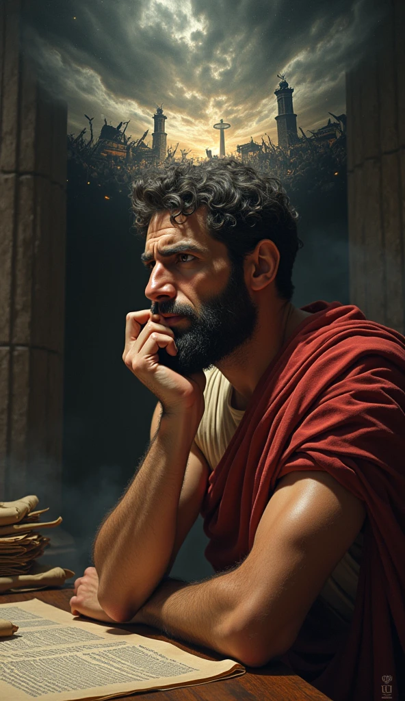 A close-up shot of a frustrated Stoic philosopher seated in a Roman study room, surrounded by ancient scrolls and parchment. His head is in his hands, reflecting disappointment and frustration over a rejected petition for a position. The room is dimly lit by the glow of oil lamps, with marble columns and classical Roman architecture visible in the background. The philosopher’s expression conveys deep contemplation and frustration, while a shadowy, ethereal figure in the background symbolizes his thoughts of blame. Shot with a Canon EOS R5, Sigma 50mm f/1.4 DG HSM Art Lens, with an 85mm lens. Rendered in 8K resolution, cinematic detail, Octane render, capturing the emotional tension of the moment.
