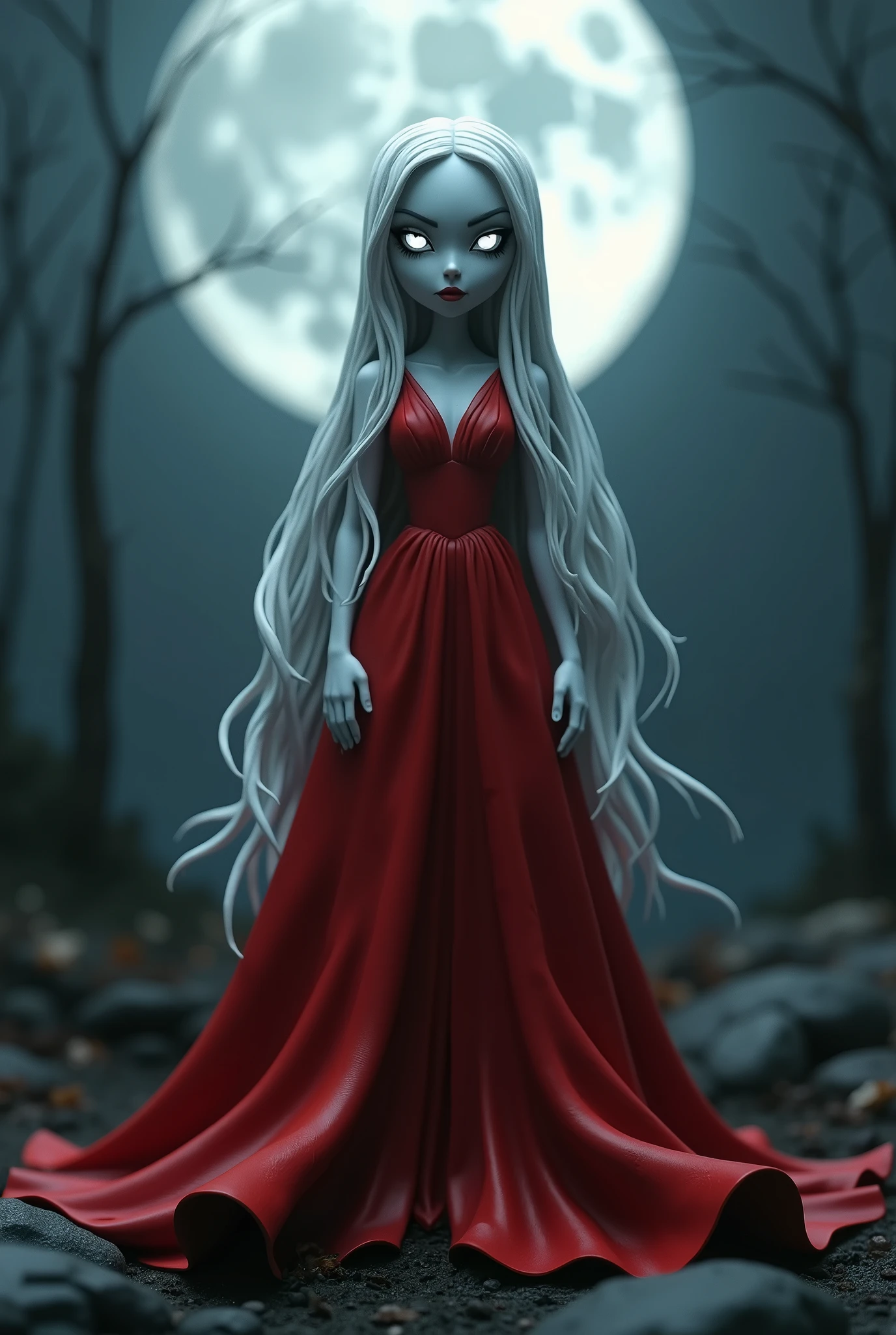 A close up of a woman in a red dress standing in front of a full moon ...