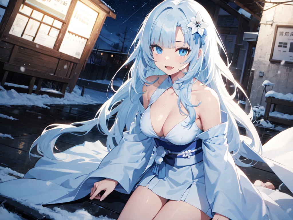 solo、alone、Snow Woman、(White kimono、Hair accessories)、Baring fangs、Kneeling and bending forward、Starry Sky、Night Sky、Strong winds、Center of chest、Light blue hair、Long Hair、Light blue eyes、Cut-in、UHD、masterpiece、correct、Super detailed、high detail、Awards、Best Quality、High resolution、8k