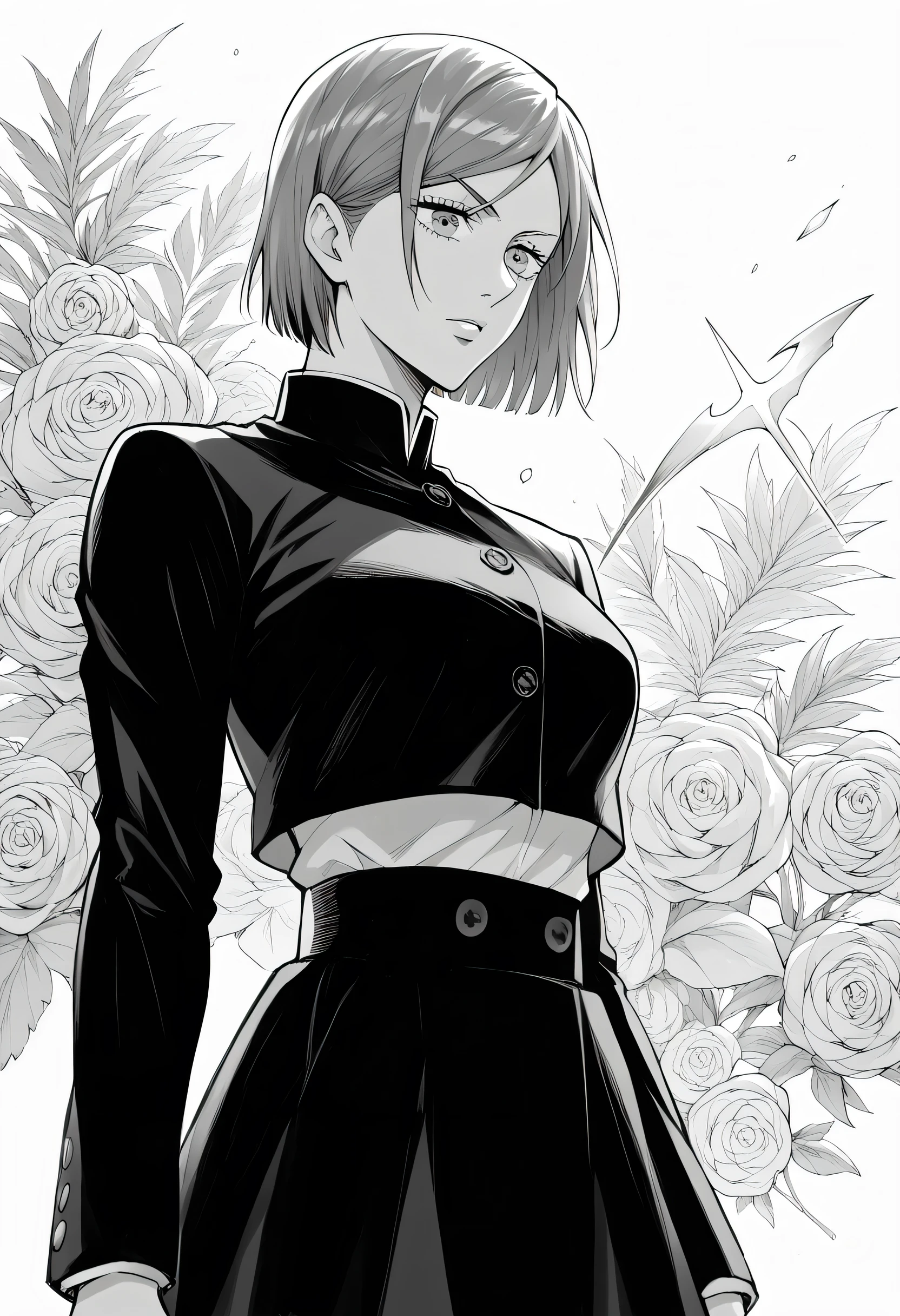 score_9, score_8_up, score_7_up, score_6_up, 1girl. greyscale, nobara kugisaki, bob cut, short hair, manga style, anime aesthetic, expressive faces, bold outlines, detailed background, dynamic pose, seinen style, cross-hatching, high resolution, high quality, ultra detailed, super defined, sharp focus, crisp lines, ultra realistic, perfect lighting, perfect composition, perfect proportions, perfect perspective, perfect mood, shaded with crosshatching, crosshatching details, crosshatching technique 
