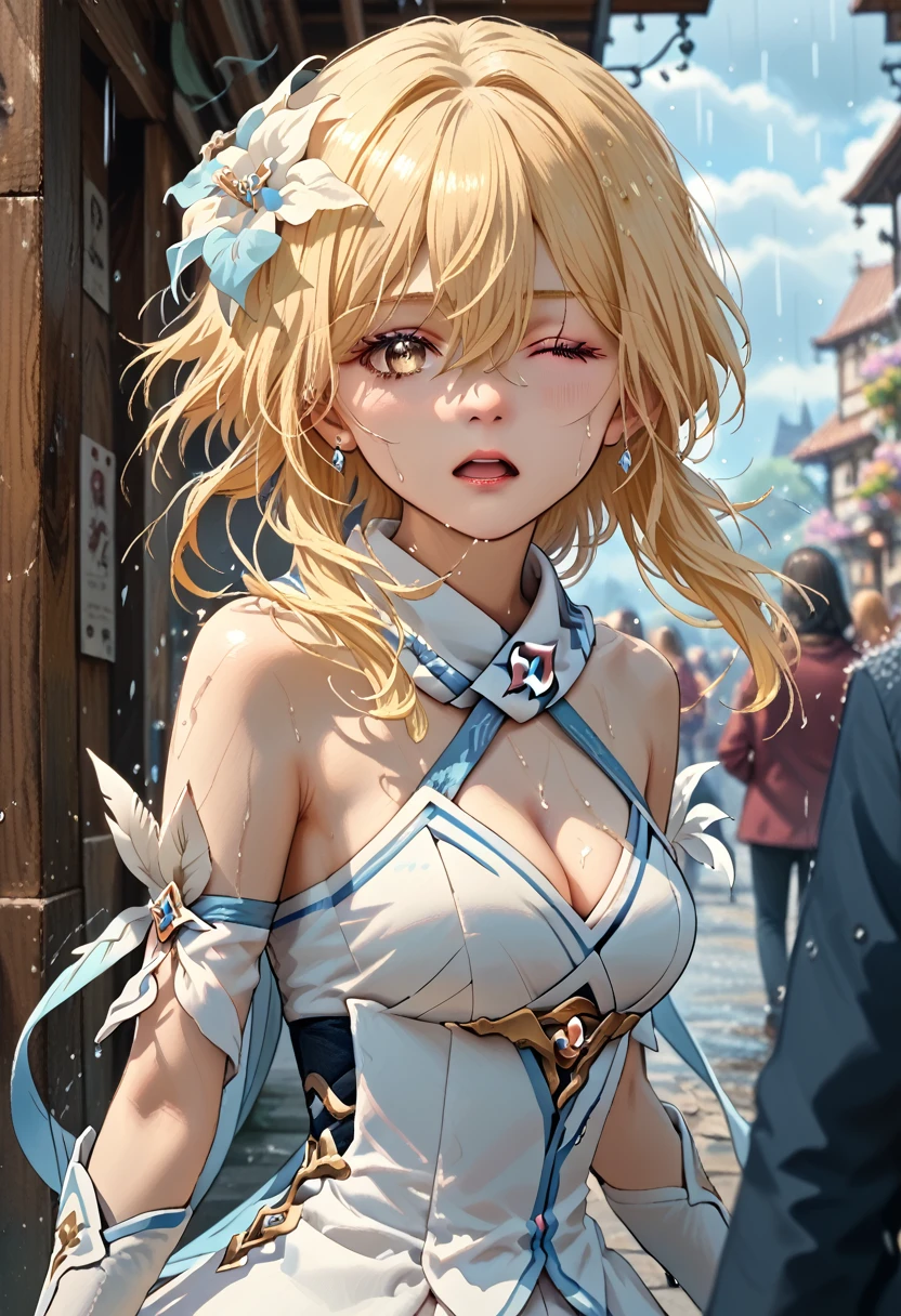 score_9, score_8_up, score_7_up, (best quality, masterpiece), very aesthetic, absurdres, high resolution, 8k, detailed face, official art, realistic BREAK lumine, bangs, blonde hair, hair ornament, hair between eyes, yellow eyes, flower, hair flower, feather hair ornament, white dress, cleavage, detached collar, scarf, bare shoulders, detached sleeves, medium breasts, textured skin, white footwear BREAK one eye closed, open mouth, sigh, wind lift, rain, 