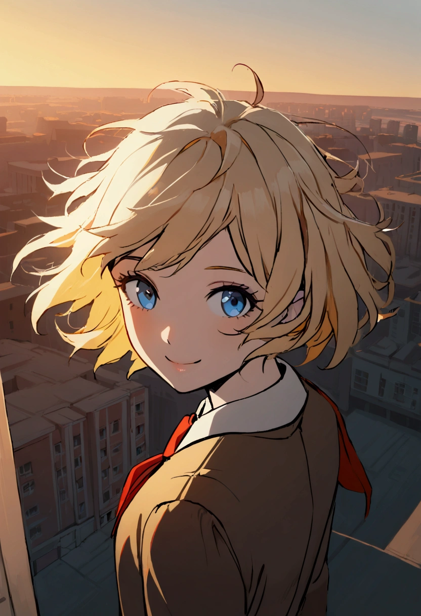 1girl, solo, young, blond hair, short hair, messy hair, blue eyes, smile, soviet, school uniform, schoolgirl, half-body, sunset, wind, soviet city, from above 