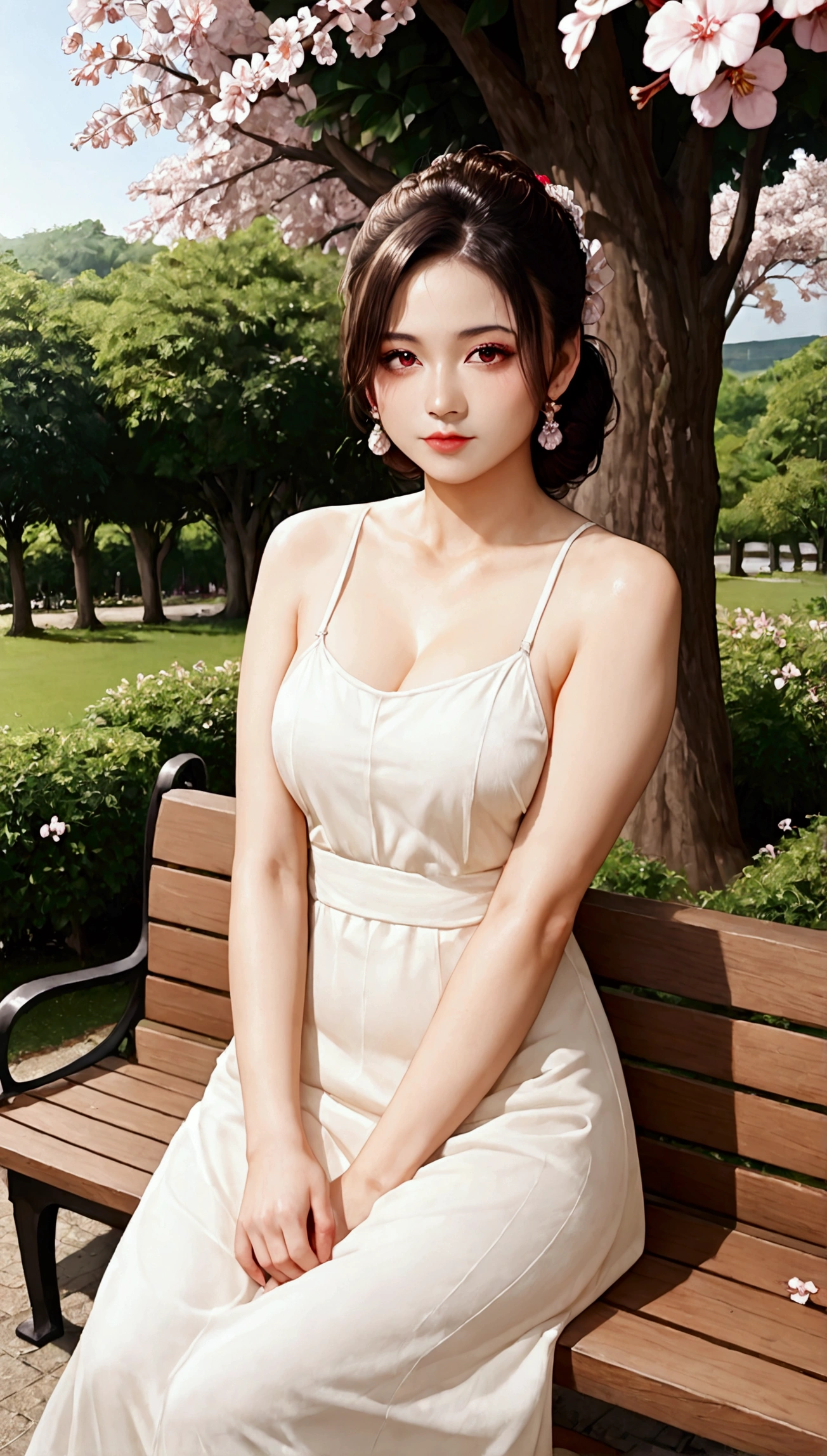 score_9, score_8_up, score_7_up,A japan sweet feman,enjoy hace fun, large breast , good iris,wearing sundress fabric, warm color palette, Sitting on a park bench, cherry blossoms fall gently relaxed expression, ulzzang,warm scene photography, Lomo lens shooting techniquesurrealism, Realism, Chiaroscuro, 