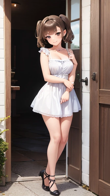 Gorgeous frills and intricate embroidery on the outfit、8k、Shooting from an angle、High resolution、cute、24-years-old、Hyper Real、Highest quality, masterpiece、3d, High Dynamic Range、Fantasy, cyber punk, middle ages、Hip Up、Large Breasts, PBR Surface、Written boundary depth, Maximum clarity and sharpness, Multi-layer Surfaces、Perfect Proportions, 8k RAWファイル, Very detailed, Perfect Proportions, Volumetric lighting, Soft lighting、Glowing Skin、Castle Background, gem, Earrings, Perfect Fingers、Golden Ratio、Woman in maid outfit、dress、素敵なdressを着たcuteワイフ, Moe art style、Beautiful art、sexy、M-shaped feet、masterpiece, Very detailed, 超High resolution, Textured skin、To show off your buttocks、Plucking up a skirt