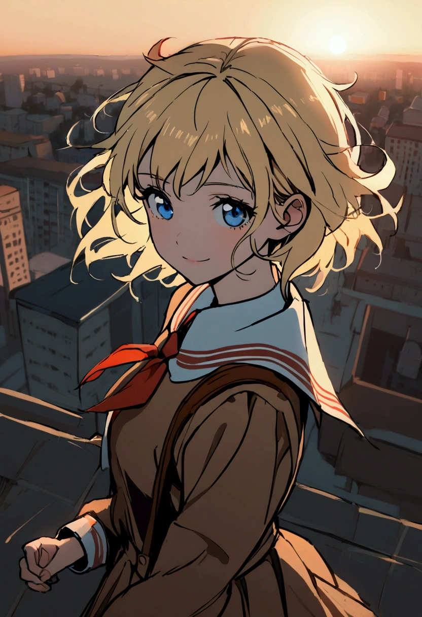 1girl, solo, young, blond hair, short hair, messy hair, blue eyes, smile, soviet, school uniform, schoolgirl, half-body, sunset, wind, soviet city, from above 