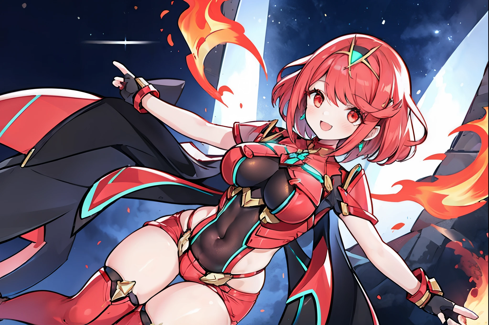 pyra \(xenoblade\), young_teen_1girl, armor, bangs, black gloves, breasts, red eyes, closed mouth, earrings, eyelashes, fingerless gloves, floating hair, framed breasts, gem, gloves, hair ornament, headpiece, jewelry, big_breasts, leotard, neon trim, official art, red hair, red shorts, saitou masatsugu, short hair, short shorts, short sleeves, shorts, sidelocks, skin tight, solo, swept bangs, thighhighs, tiara, night_prairie_background, turtleneck, underbust, vambraces, xenoblade chronicles \(series\), (xenoblade chronicles 2), apart_legs, fire_effect,dynamic_pose_fighting,light_smile, (plump:1.1), big_ass,huge_sword, hold_large_sword_hilt, solo, covered_nipples, covered_pussy,