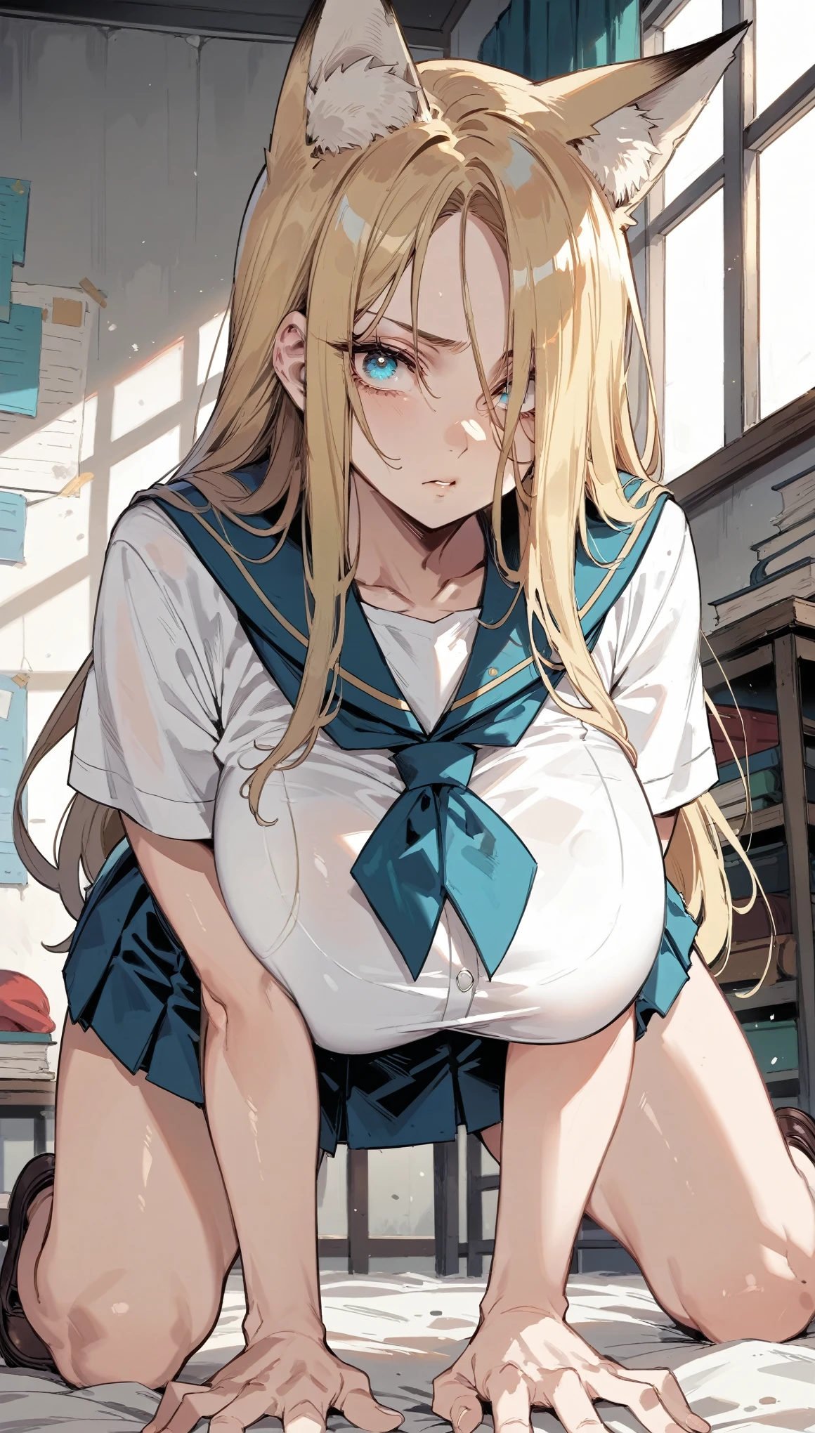 Cold Stare,(Fox Ears),(forehead,long hair over one eye),((side parted hair)),((huge breasts)),((Narrow eyes,Clear Eyes,Perfect Eyes)),Blonde,Long Hair,Old room,Magic School Uniform,Delinquent Girl,gal,mini skirt,oll fours, clothes are exposed