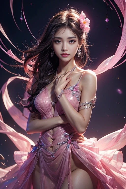 (Masterpiece, top quality, Best quality, Official art, beautiful and aesthetically pleasing:1.2), (1 girl:1.3), extremely detailed,(fractal art:1.2),colorful,as detailed as possible,(confused:1.2), (dynamic pose), (abstract background:1.5), (Traditional Dress:1.2), (shiny skin), (many colors:1.4), Upper body