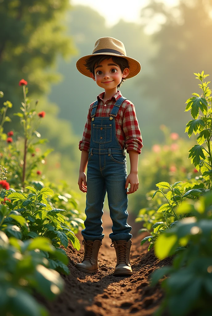 a young boy working on a farm, realistic, 1boy, farmer, overalls, straw hat, farmhouse, barn, crops, field, landscape, rolling hills, blue sky, fluffy clouds, warm lighting, detailed facial features, cinematic, photorealistic, highly detailed, 8k, masterpiece, intricate details, natural tones