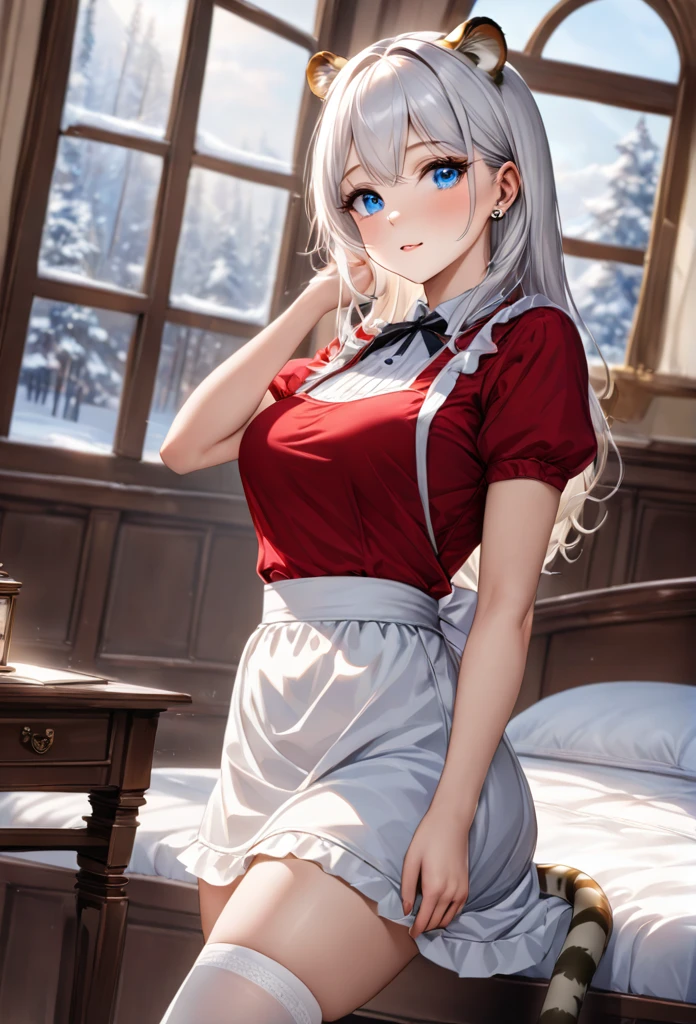 highest quality, ultra high resolution, super detailed, gorgeous, masterpiece, best quality, high resolution finely detailed, extremely beautiful, distinct image, hourglass figure, 1 girl, 2, (front-view), (side-view), soft and beautiful facial features, symmetrical face, (((casual red top))), ((( simple black knee-length skirt))), white waist apron atop her skirt, sheer white thigh-high stockings, piercing predatory blue eyes, innocent doe shaped eyes type, well endowed breasts F-cup breasts, immaculate curves, tall height(190cm), slim thick curvy body, athletic and flexible physiques, flowing snow-white hair, narrow waist, long legs, opulent bedroom background, milky white skin color shimmering in the sunlight coming in from the window, hip-level shot, snow-white feline tiger ears, white striped tiger tail protruding out her back, natural indoor background with a bed and desk, casting gentle shadows, casual and slightly intense atmosphere, low angle, sharp focus on the subject, no motion blur, well-lit overall exposure, front-view, gazing straight into the camera