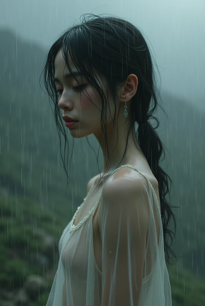 Make a beautiful black haired angel naked crying in the rain