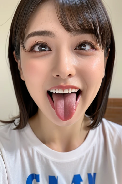 1girl,Tabletop,,Awards - Winning Photos, Very detailed, Face close-up、Keep your eyes focused, Nose and mouth,Face Focus, Woman with open mouth and closed eyes, Face Focusの接写、Age: 18 ,Black-haired、Symmetrical face,Realistic nostrils、Angle from below、Elongated C-shaped nostrils、Sweaty skin、Sweaty, shiny skinを強調する照明、(((Loose fitting T-shirt, Shorts),))Sweaty, shiny skin、Shiny skin、Big eyes、Double eyelids、(My tongue is wet and shiny) ((Wet tongue)) ((Berokisu))Disneyland,Taylor Hill,Hyperrealistic,Real Skin、Nogizaka Members,Detailed and realistic eyelashes and double eyelids,