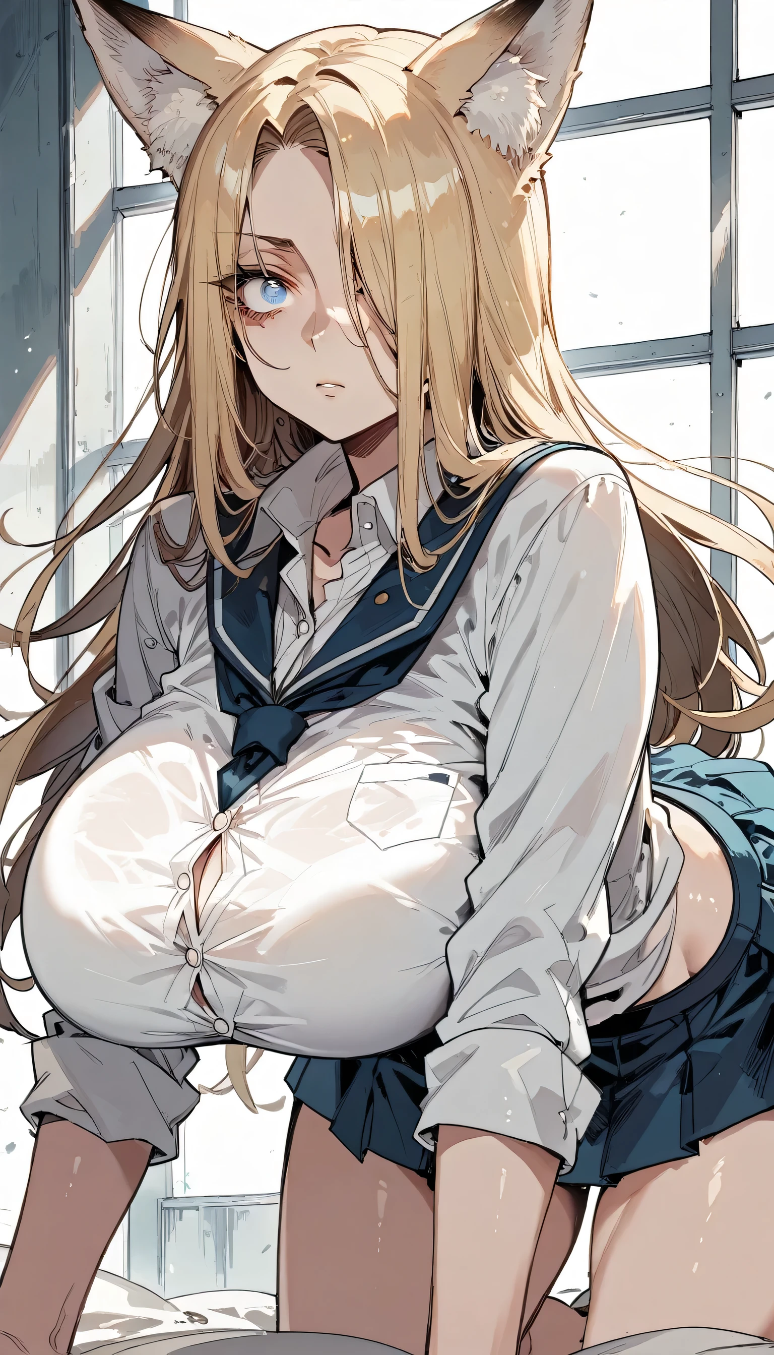 Cold Stare,(Fox Ears),(forehead,long hair over one eye),((side parted hair)),((huge breasts)),((Narrow eyes,Clear Eyes,Perfect Eyes)),Blonde,Long Hair,Old room,Magic School Uniform,Delinquent Girl,gal,mini skirt,oll fours, clothes are exposed