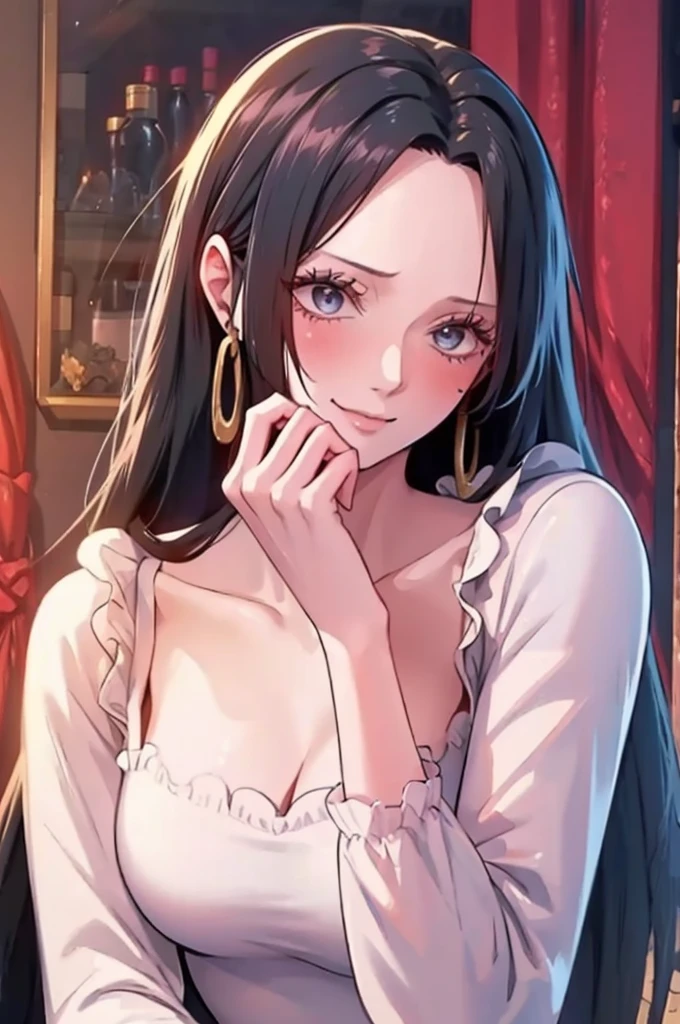 best quality, masterpiece, highly detailed,1girl, Boa Hancock, , (masterpiece:1.5), Detailed Photo, Smiling, Sexy, (8K, Best Quality: 1.4), (1girl), Beautiful Face, (anime realistic Face), (Black Hair, long Hair: 1.3), Beautiful Hairstyle, Realistic eyes, beautiful detail eyes, (white skin), beautiful skin, absurd, attractive, ultra high resolution, ultra realistic, high definition, golden ratio, (sexually aroused:1.5), Pinkish white skin, cool white light, sexy pose, Beautiful , white background, pink soft white light, Wear a black bodycon dress