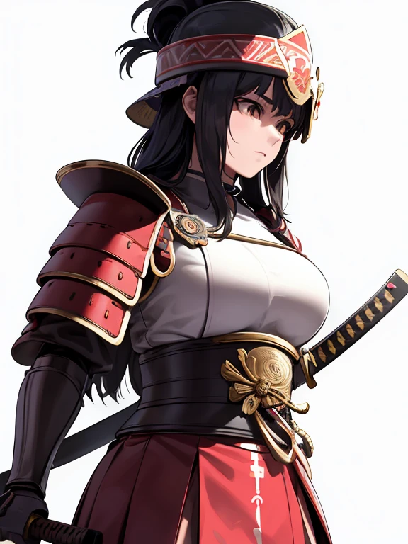 masterpiece, best quality, ultra-detailed, illustrator, 1girl, samurai, Japanese red samurai armor, big , big thighs, Breastplate, Pauldrons, Vambraces, Gauntlets, Faulds, Cuisses, Poleyns, Greaves, ornate and detailed armor with layered plates and intricate lacing, rich colors , of deep red lacquer and gold accent, kabuto helmet placed beside her, tenugui headband wrapped around head, holding a Japanese sword (katana) casually, simple background, white background