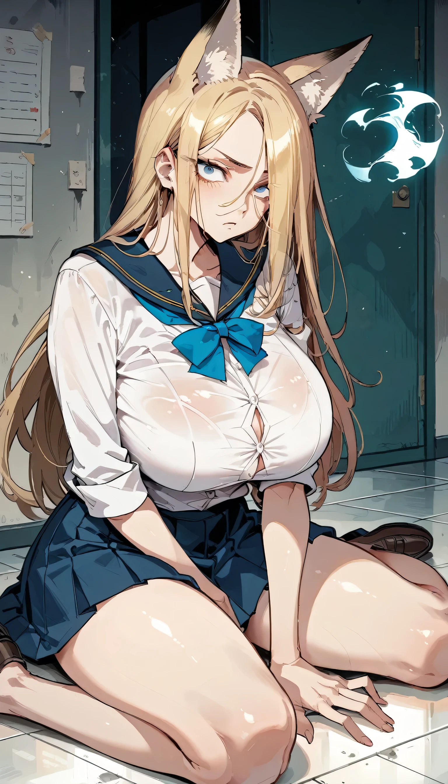 Cold Stare,(Fox Ears),(forehead,long hair over one eye),((side parted hair)),((huge breasts)),((Narrow eyes,Clear Eyes,Perfect Eyes)),Blonde,Long Hair,Old room,Magic School Uniform,Delinquent Girl,gal,mini skirt,sitting on the floor, clothes are exposed