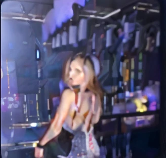 young naked blonde girl in crowded techno party