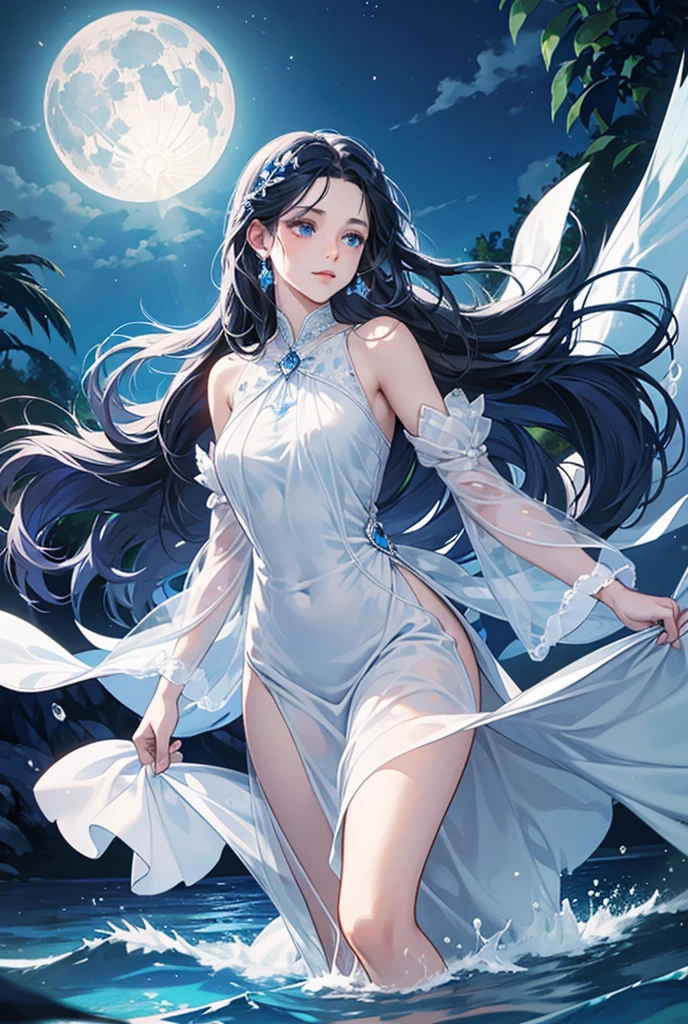 masterpiece、realistic style、slim body shape、very long purple hair、Beautiful woman、white bikini armor、Sleeveless light blue see-through Celtic dress 1:5、Light blue see-through long skirt、medium breasts、 (perfect body) transparent nipples、dignified expression、Moonlight night、Standing on the lake、dark fantasy Different world