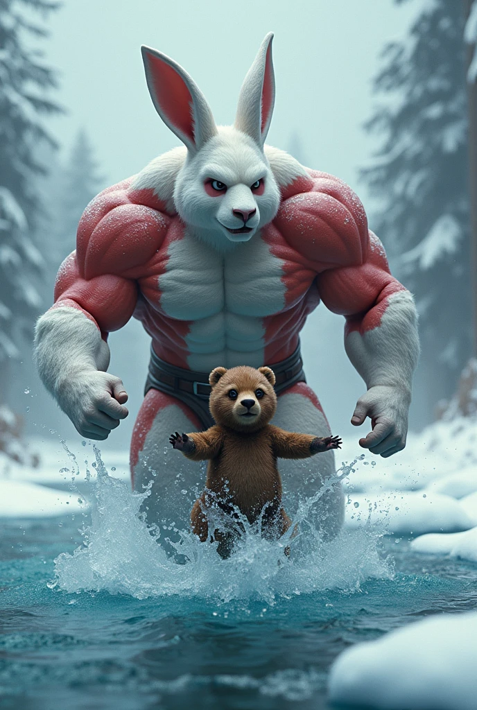 urso branco, with humanoid body with knife in hand and blood in it and splashes on the bear's body