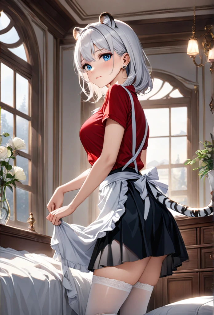 highest quality, ultra high resolution, super detailed, gorgeous, masterpiece, best quality, high resolution finely detailed, extremely beautiful, distinct image, hourglass figure, 1 girl, 2, (front-view), (side-view), soft and beautiful facial features, symmetrical face, (((casual red top))), ((( simple black knee-length skirt))), white waist apron atop her skirt, sheer white thigh-high stockings, piercing predatory blue eyes, innocent doe shaped eyes type, well endowed breasts F-cup breasts, immaculate curves, tall height(190cm), slim thick curvy body, athletic and flexible physiques, flowing snow-white hair, narrow waist, long legs, opulent bedroom background, milky white skin color shimmering in the sunlight coming in from the window, hip-level shot, snow-white feline tiger ears, white striped tiger tail protruding out her back, natural indoor background with a bed and desk, casting gentle shadows, casual and slightly intense atmosphere, low angle, sharp focus on the subject, no motion blur, well-lit overall exposure, front-view, gazing straight into the camera