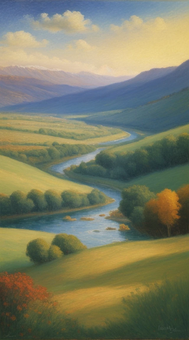 An impressionist painting of a wide valley with distant mountains, viewed from a wide-angle perspective, featuring green meadows and a flowing river, evoking a calm and expansive mood."