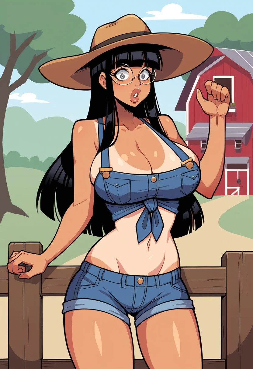 score_9, score_8_up, score_7_up, score_6_up, score_5_up, score_4_up, BREAK 1girl, black hair, plait hair, grey eyes, thick lips, glasses, tanlines, long eyelashes, surprised expression, standing in a farm, blunt bangs, adult, harsh lighting, BREAK solo, large breasts, adult, skinny, arched back, thigh gap, farmer's outfit, BREAK (farm background:1.2), innocent, lovely, adorable, dynamic pose
