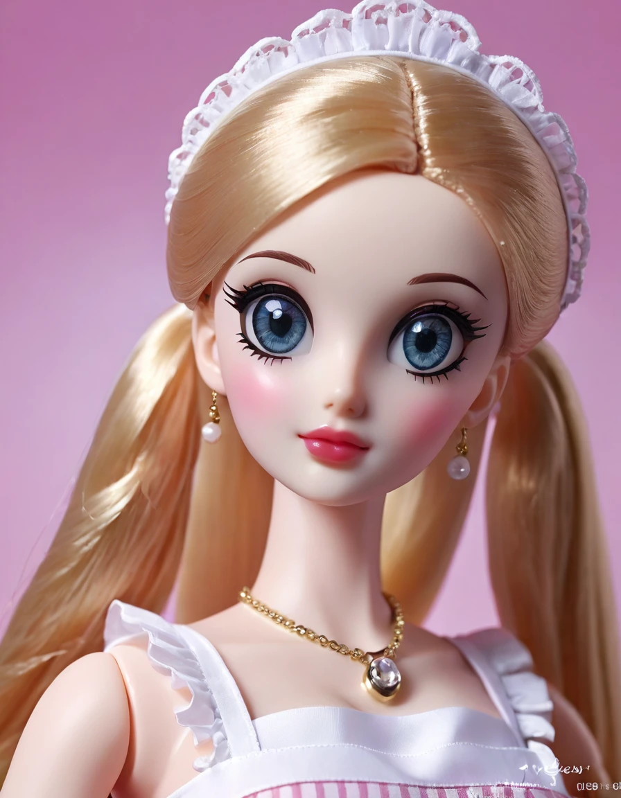 (masterpiece, Best quality: 1.2), 1twintails barbie doll,doll，Colloid， Exquisite eyes, Wide hips, Colloid皮肤，(Wearing Maid dress)，Huge natural breasts，