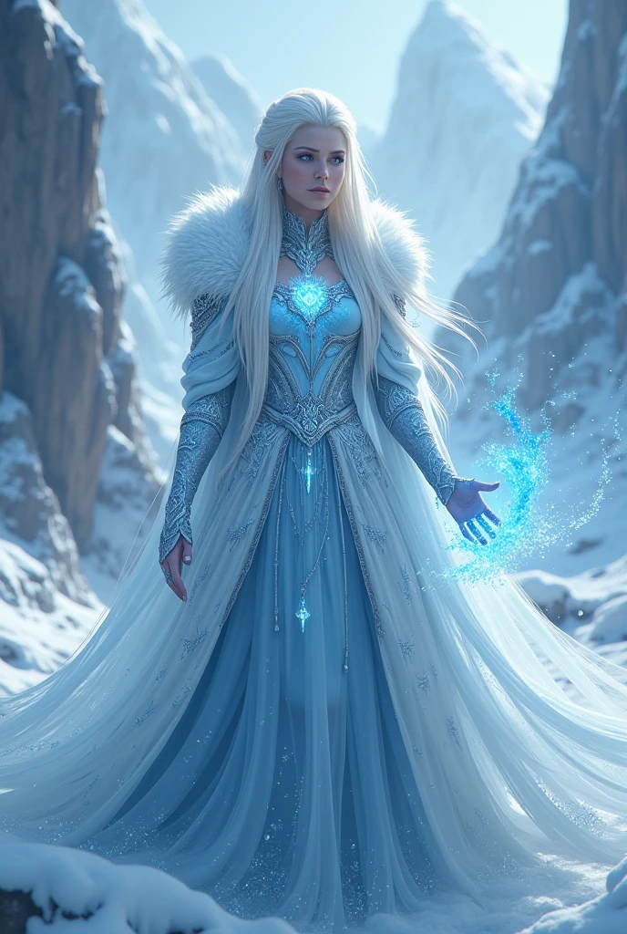 A young white-skinned man/Silver, with long white hair, blue eyes, with scales on his arms and chest, with two long horns on the forehead, launching a beam of ice from his hands