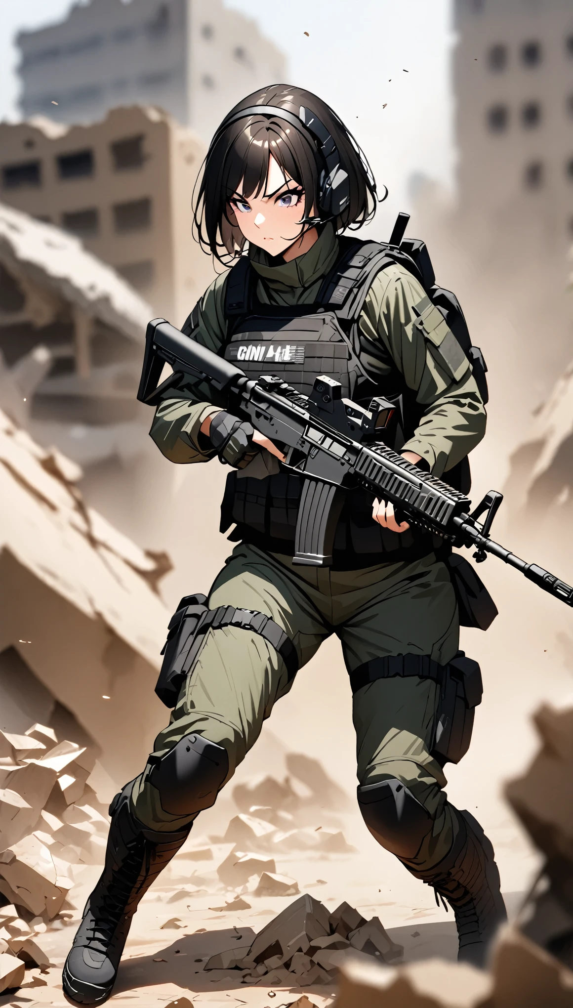 ((masterpiece)),((highest quality)),((High resolution)),((Very detailed)),One woman,4,Mature Woman,Japanese,Black Hair,Short Bob,Beautiful Eyes,Long eyelashes,Beautiful Hair,Beautiful Skin,Serious,whole body,BREAK(((Gunfight))),(Dynamic Movement),((submachine gun)),SWAT Uniforms,black bulletproof vest, Combat Boots, Black Tactical Forster,Tactical Headset,(The background is the rubble of ruins),(((Background Blur)))