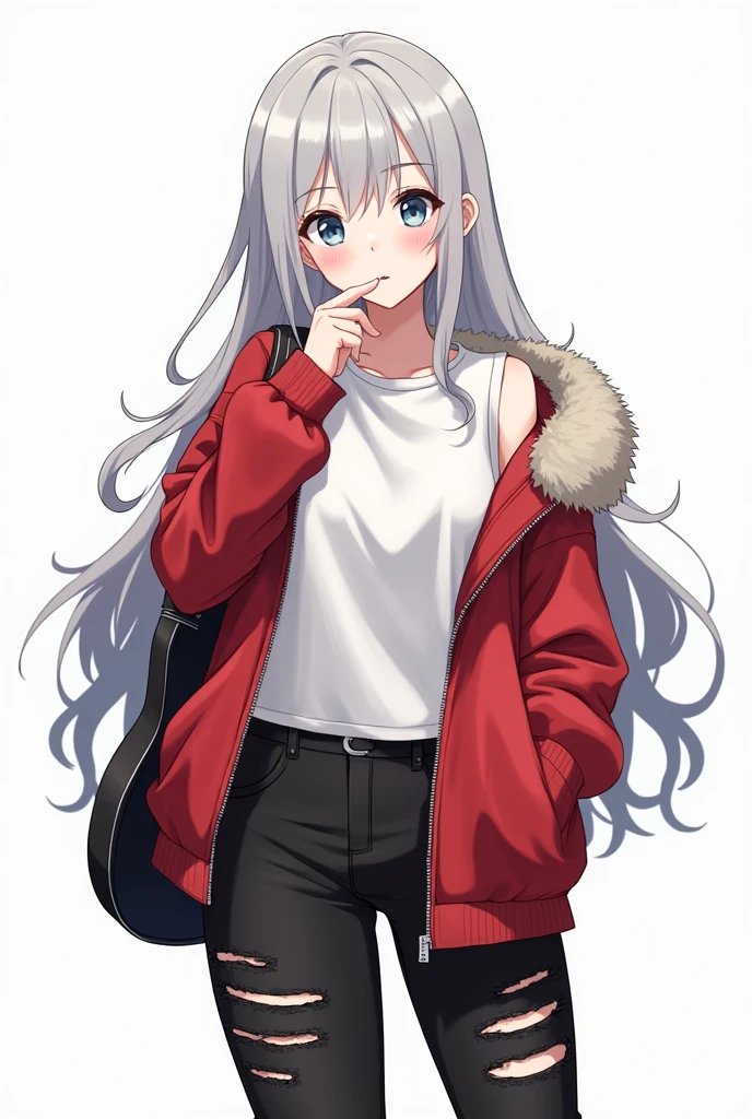 Girl with long white hair wearing a red beanie and a white sweatshirt