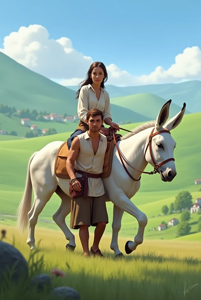 indian style, outdoors, green shirt, smile, red hair, tree, head out of frame, profile, riding, portrait, man, solo, horse, holding weapon, sky, closed mouth, necklace