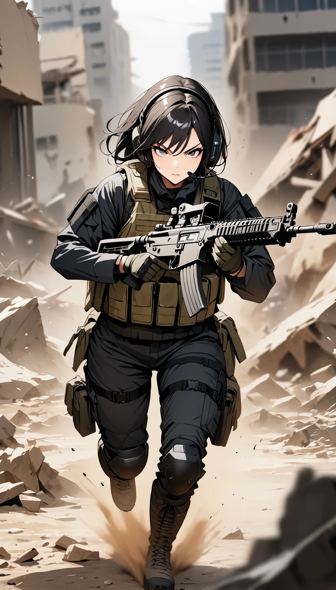 ((masterpiece)),((highest quality)),((High resolution)),((Very detailed)),One woman,4,Mature Woman,Japanese,Black Hair,Short Bob,Beautiful Eyes,Long eyelashes,Beautiful Hair,Beautiful Skin,Serious,whole body,BREAK(((Gunfight))),(Dynamic Movement),((submachine gun)),SWAT Uniforms,black bulletproof vest, Combat Boots, Black Tactical Forster,Tactical Headset,(The background is the rubble of ruins),(((Background Blur)))