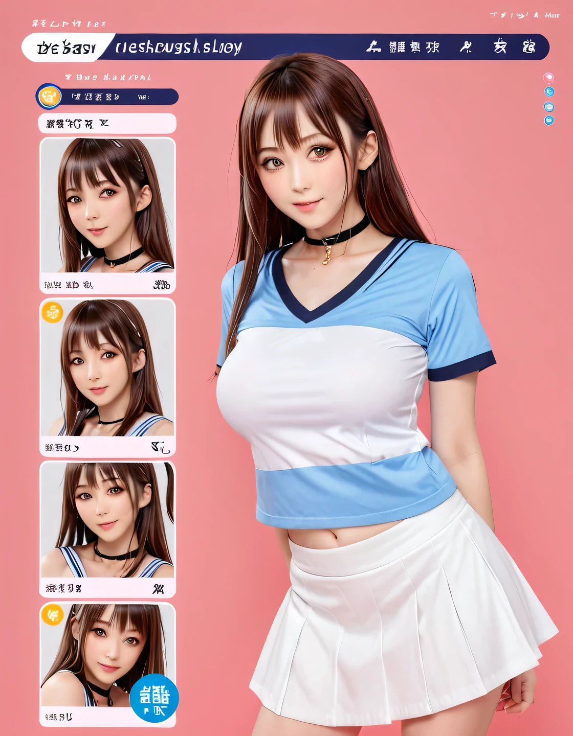 ((live-action, photograph)),  RPG style character status screen with young female name [number.003Mirei♀18]Displayed prominently at the top of the screen. The interface is designed in RPG game style, Three Views, Front View, Rear and side view, Simple Background, The screen displays seven main abilities:: fine (Physical Strength), Intellectual (Intellection), Charisma (charm), Alert (speed), Grace (grace), charm (Sex Appeal), と幸luck (luck). Each ability is represented by a horizontal bar., Filled to indicate the current level, and ranks S to E. In addition, the special skills Mimicry (Mimicry) とabsorption (absorption) appears with an icon and description, Best Quality, photograph, Live Action, Standing girl,Big Breasts, Slim face, The body is slim, bangs, Brown Hair, Straight Hair, Natural Makeup, Almond Eye, Black choker, Looking into the camera, Japanese idol faces, ((White, mini skirt, Uniform, Summer clothes)), Happy expression, (((anime:-2)))