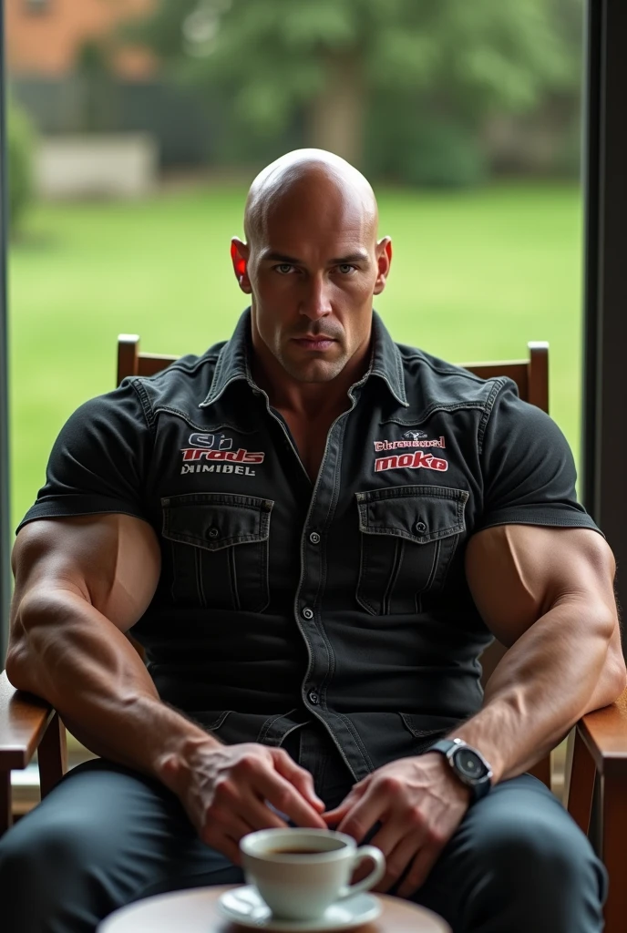 Big body builder bald white men wearing unbuttoned black double pocket check shirt with logos and black leather jacket with logos sitting on sofa at home 