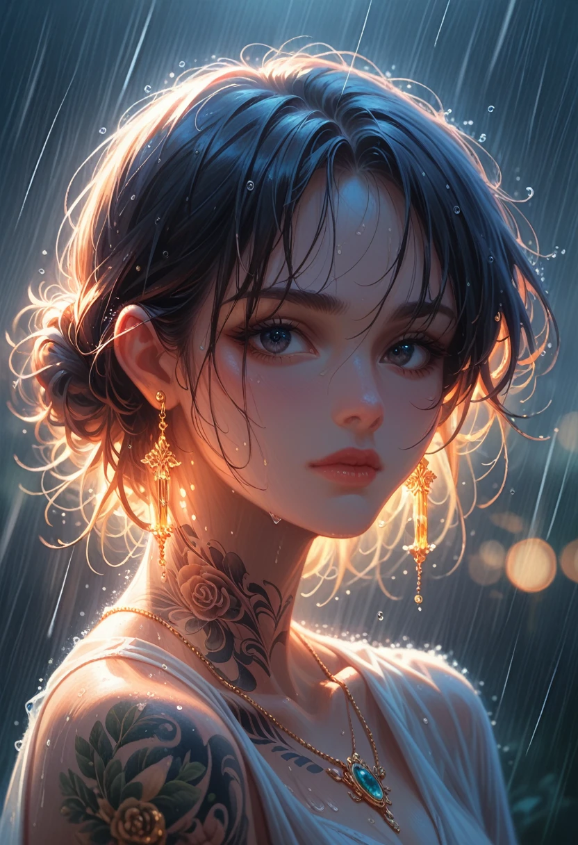 gold tattoos with a girl in rain with golden earrings, in the style of vray tracing, martin ansin, yuumei, poured, close up, dark white and gold, speedpainting, masterpiece, best quality,core_9, score_8_up, score_7_up, core_9, score_8_up, score_7_up, dramatic lighting, highly detailed, high budget, bokeh, cinemascope, moody, epic, gorgeous, film grain, grainy, masterpiece, best quality, perfect anatomy, very aesthetic, official art, 8k,